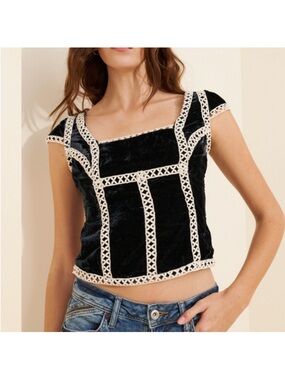 Free People Black White Trim Tyler Velvet Corset Top Size M NWT!